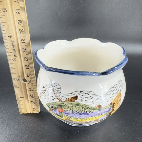 Vintage Ceramic Dish Bowl Flower Pot Container With Fish Trout Design Wavy Edges - Picture 3 of 13